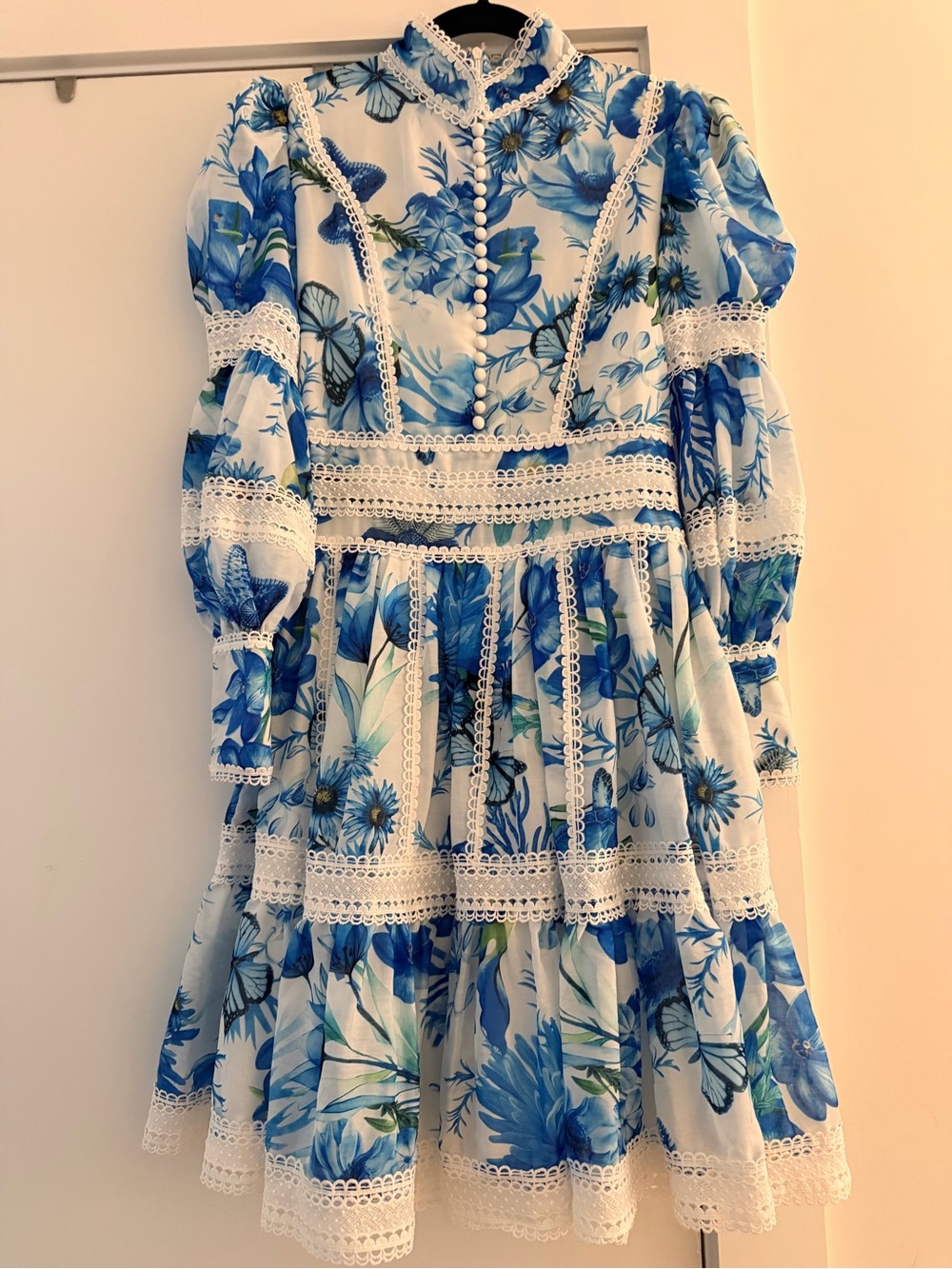 Dalia MacPhee Blue White Floral Lined High Neck Puff Sleeve Lace Dress